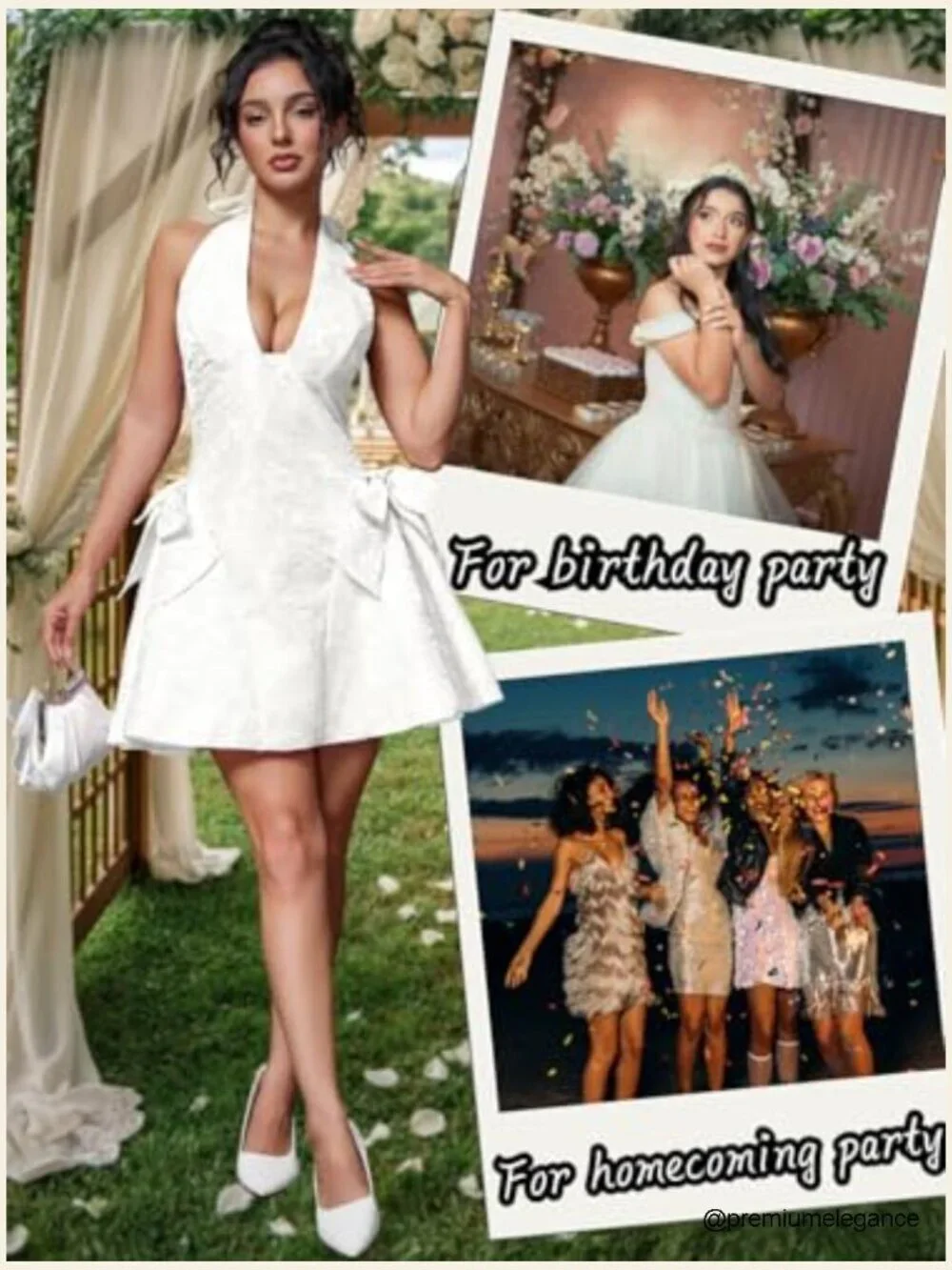 Halter V-Neck Mini Dress, Jacquard Bow A-Line, Prom Formal - Picture 5 of 7